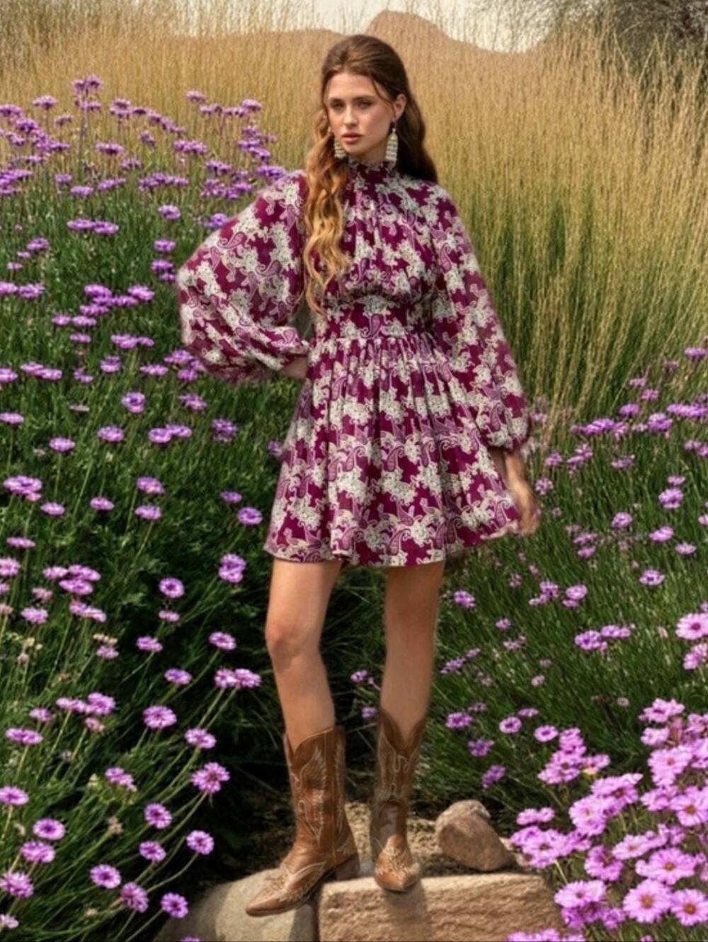 Floral Print Long-Sleeve Mini Dress in Purple